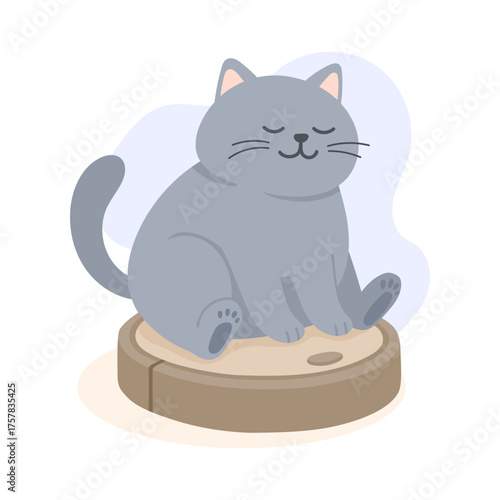 Gray cat peacefully sitting on robotic vacuum cleaner, relaxed domestic atmosphere blending pets and modern technology, flat vector art symbolizing calm humor, smart home and pet harmony concept.