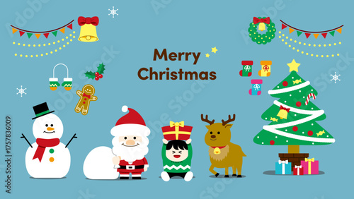 Cute Christmas Illustration Set (Santa, Reindeer, Presents, Tree, Snowman) – with text, background（クリスマスイラスト）