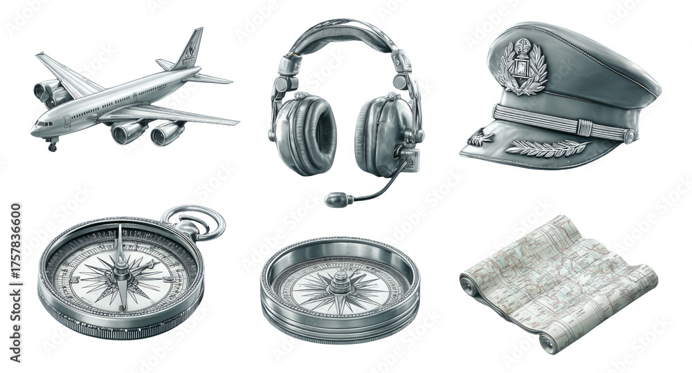 Naklejka premium Detailed Aviation Equipment Collection with Plane, Headset, Compass, and Map