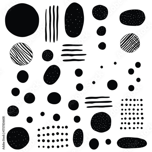 Random black shapes and lines are scattered across the white background in an abstract style