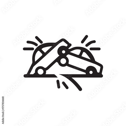 Two cars collide violently together in this simplified black and white accident icon