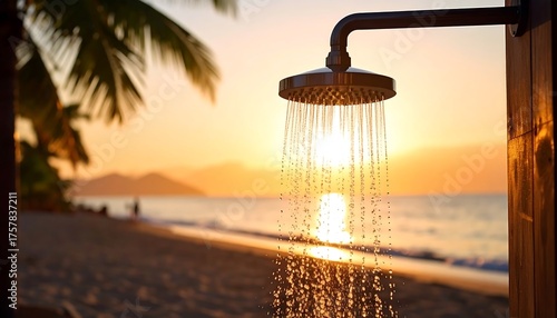 Fototapeta Naklejka Na Ścianę i Meble -  Tropical beach shower at sunset