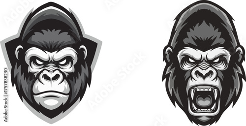 Monochrome Gorilla Mascot Heads Fierce Roaring Vector Art
