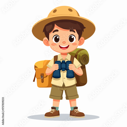 Happy Little Boy Scout Standing Holding Binoculars with Backpack and Hat Smiling Joyfully