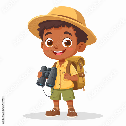 Happy Little Boy Scout Standing Holding Binoculars with Backpack and Hat Smiling Joyfully