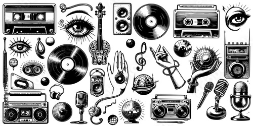 Romantic Icons in Monochrome, This stylized collage combines sweet and symbolic elements like strawberries, balloons, and flowers, perfect for playful visual storytelling