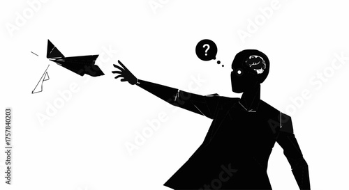 Silhouette of a person reaching for a flying paper airplane, contemplating its direction with a question mark.
