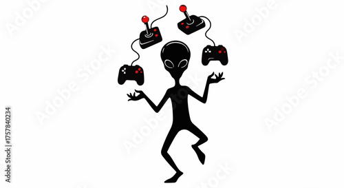 Alien character skillfully juggles multiple video game controllers with red buttons