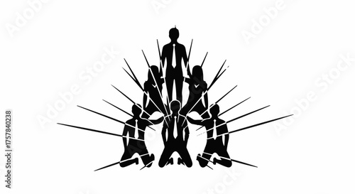 Teamwork pyramid with leader at the top, supporting colleagues in a stylized silhouette