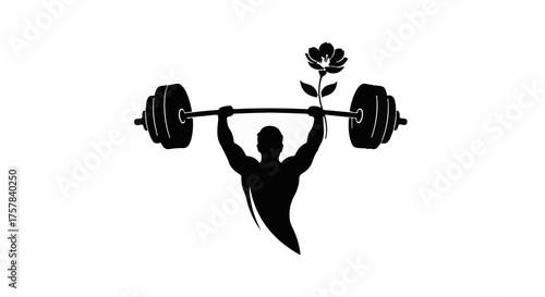 Silhouette of a muscular person lifting a barbell with a delicate flower blooming from it, symbolizing strength and growth