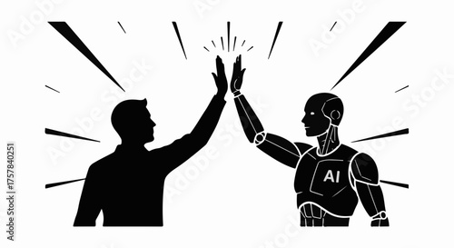 Human and AI celebrate a successful collaboration with a high five, symbolizing partnership and progress.