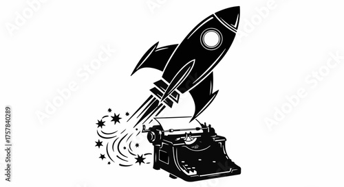 Retro typewriter launches a rocket, symbolizing creative inspiration and fast writing.