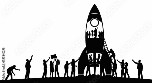 Diverse team works together to launch a rocket towards the stars, symbolizing collaboration and future success.