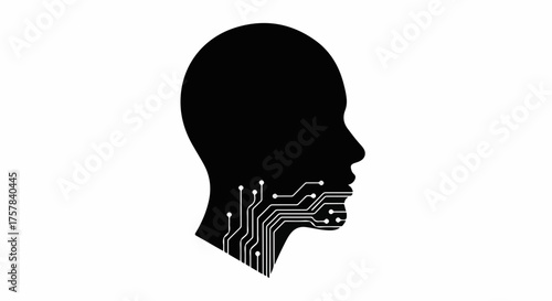 Silhouette of a human head with integrated circuit patterns symbolizing artificial intelligence and technology