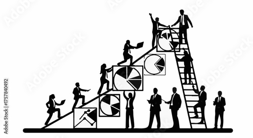Diverse team collaboratively building success on a dynamic growth chart.