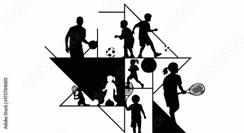 Diverse group of children and adults engaged in various sports activities, celebrating active lifestyles.