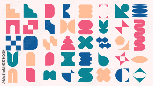 Brutalist abstract geometric shapes teal, blue, and peach on a beige background. Featuring curves, angles, and symmetrical forms, the design has a clean, modern, and Bauhaus memphis design