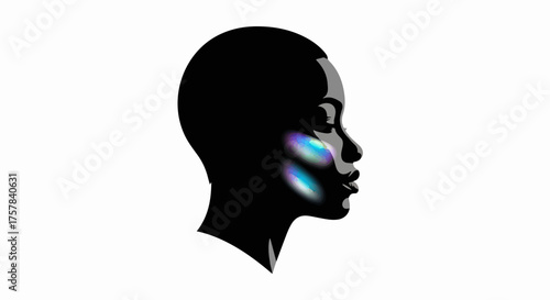 Elegant silhouette of a woman's profile with iridescent light highlights on her cheek, symbolizing beauty and innovation.