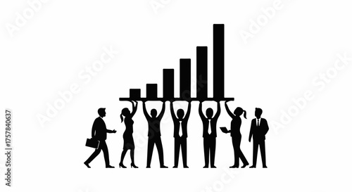 Diverse team collaborating to lift and support a growing business graph, symbolizing teamwork and success.