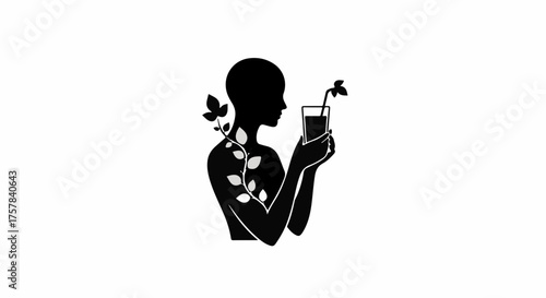 Silhouette of person holding a healthy drink with growing plants symbolizing organic wellness and vitality.