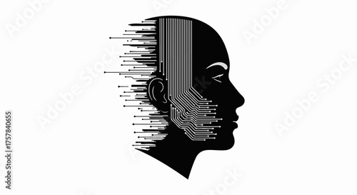 Futuristic digital human profile with data streams flowing from the head, representing artificial intelligence and technology.