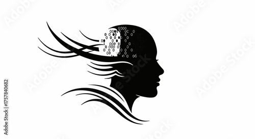 Silhouette of a human head with digital data flowing out, representing artificial intelligence and abstract thought.