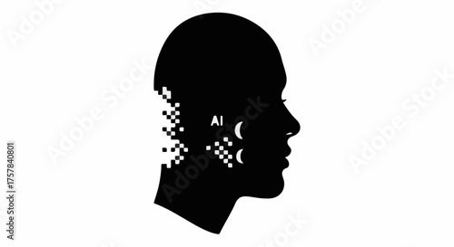 Silhouette of a human head dissolving into digital pixels, representing artificial intelligence and data.