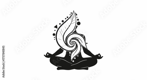 Meditating figure with swirling leaf and abstract patterns symbolizing inner peace and growth.