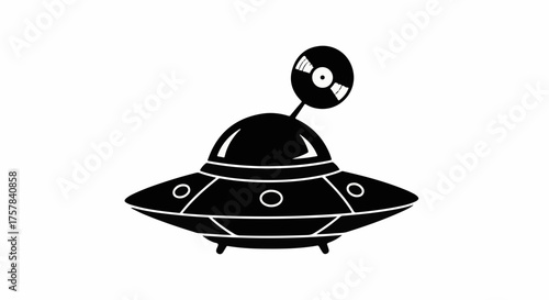 Retro alien spaceship with vinyl record antenna, a playful blend of science fiction and music nostalgia.