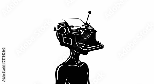 Surreal figure with a vintage typewriter for a head, symbolizing creativity and writing.