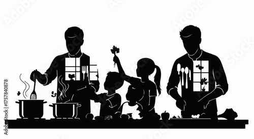 Family joyfully preparing a meal together in the kitchen, creating warm memories.