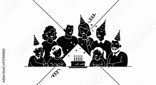 Joyful multi-generational family celebrating a birthday with cake and party hats
