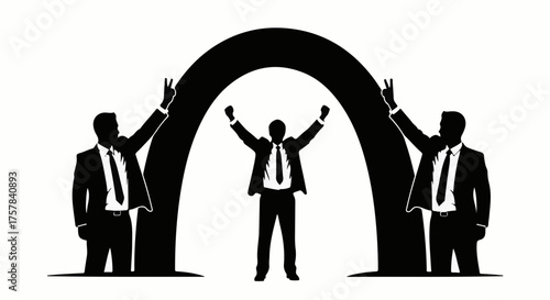 Celebrating success, a triumphant businessman raises arms under an archway with supportive colleagues.