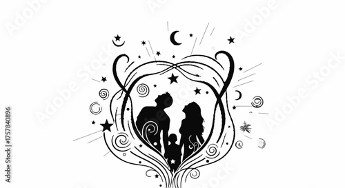 Silhouettes of a family gazing upwards at a starry, celestial dreamscape within a heart-shaped frame.