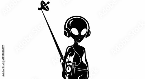 Stylized alien with headphones and camera explores the universe