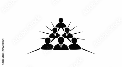 Teamwork and hierarchy depicted by a pyramid of silhouetted figures connected by lines.