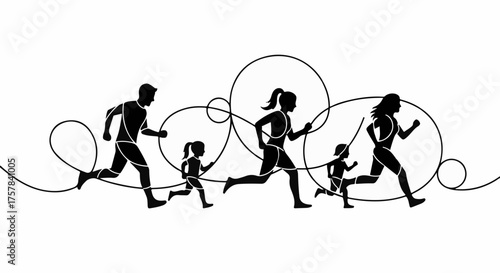 Joyful family running together outdoors, connected by abstract flowing lines and circles