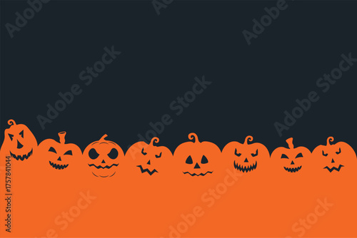 Halloween pumpkin seamless banner. Spooky squash lanterns silhouettes, scary jack-o-lanterns halloween flat vector background illustration. Halloween holiday  poster , Background of halloween pumpkins