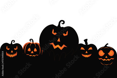Halloween pumpkin seamless banner. Spooky squash lanterns silhouettes, scary jack-o-lanterns halloween flat vector background illustration. Halloween holiday  poster , Background of halloween pumpkins