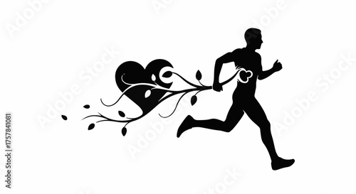 Silhouette of a runner with a heart and vine trailing behind, symbolizing healthy living and vitality.