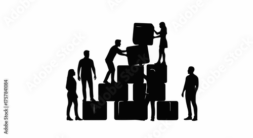 Team building a tower of boxes together, symbolizing collaboration and achievement.