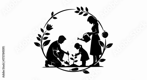 Family planting a tree together, symbolizing growth, care, and environmental connection.