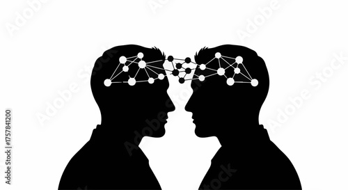 Silhouettes of two heads connecting through a network of ideas and thoughts