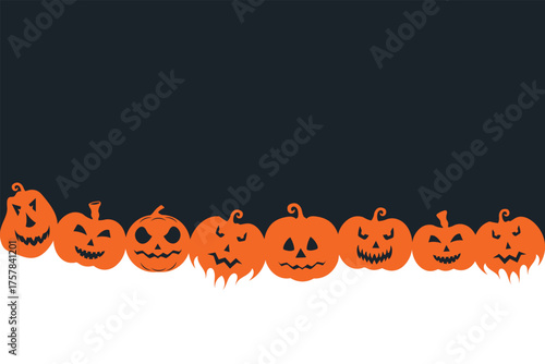 Halloween pumpkin seamless banner. Spooky squash lanterns silhouettes, scary jack-o-lanterns halloween flat vector background illustration. Halloween holiday  poster , Background of halloween pumpkins