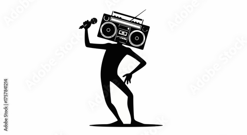 Dynamic silhouette of a person with a boombox for a head, singing energetically into a microphone.