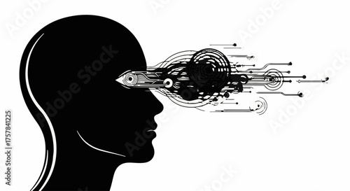 Futuristic digital eye emerges from silhouette head, symbolizing data flow and artificial intelligence.