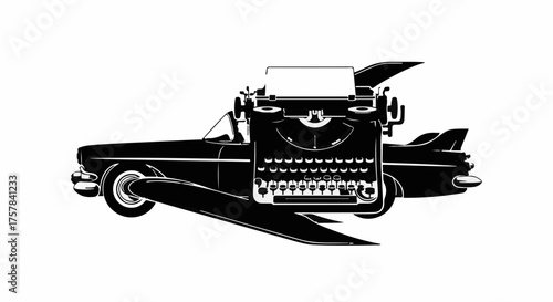 Retro typewriter merges with a vintage car, symbolizing creative journeys and artistic expression.