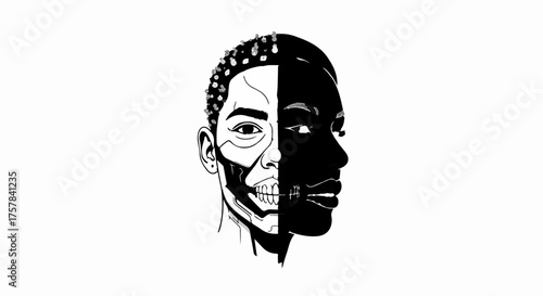 Man's face split between life and death, revealing skeletal structure beneath skin.