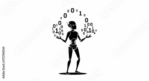 Robot manipulates digital data streams, symbolizing artificial intelligence and information flow.