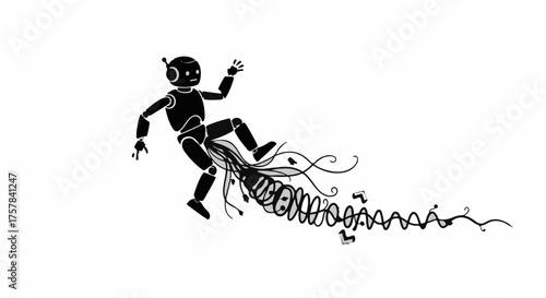 Playful robot with a whimsical, winding mechanical tail on a white background